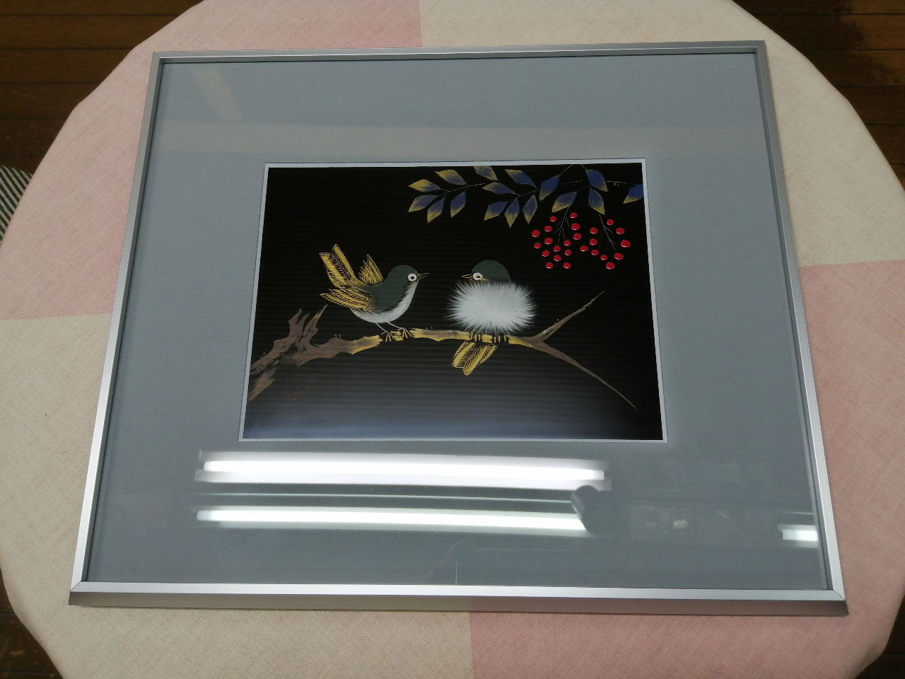 輪島塗　南天に目白沈金　パネル